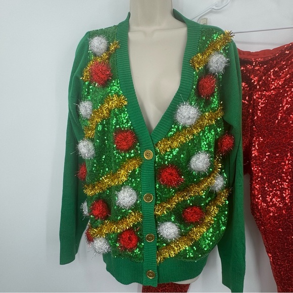 Tipsy Elves Christmas Tree Cardigan Sweater/Sequin Leggings Set Sz Large (CS1) - Picture 2 of 16